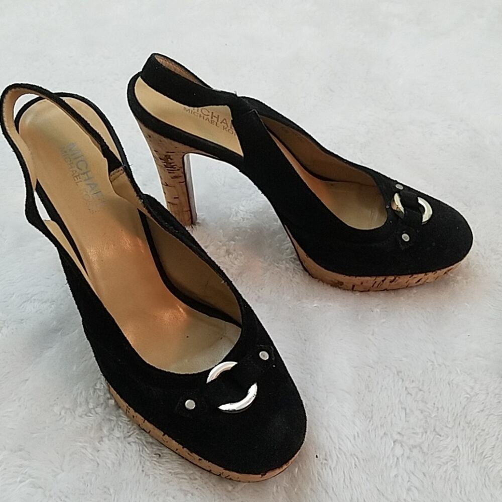 Michael Kors Size 6.5 Cork Platform Black Suede Heels